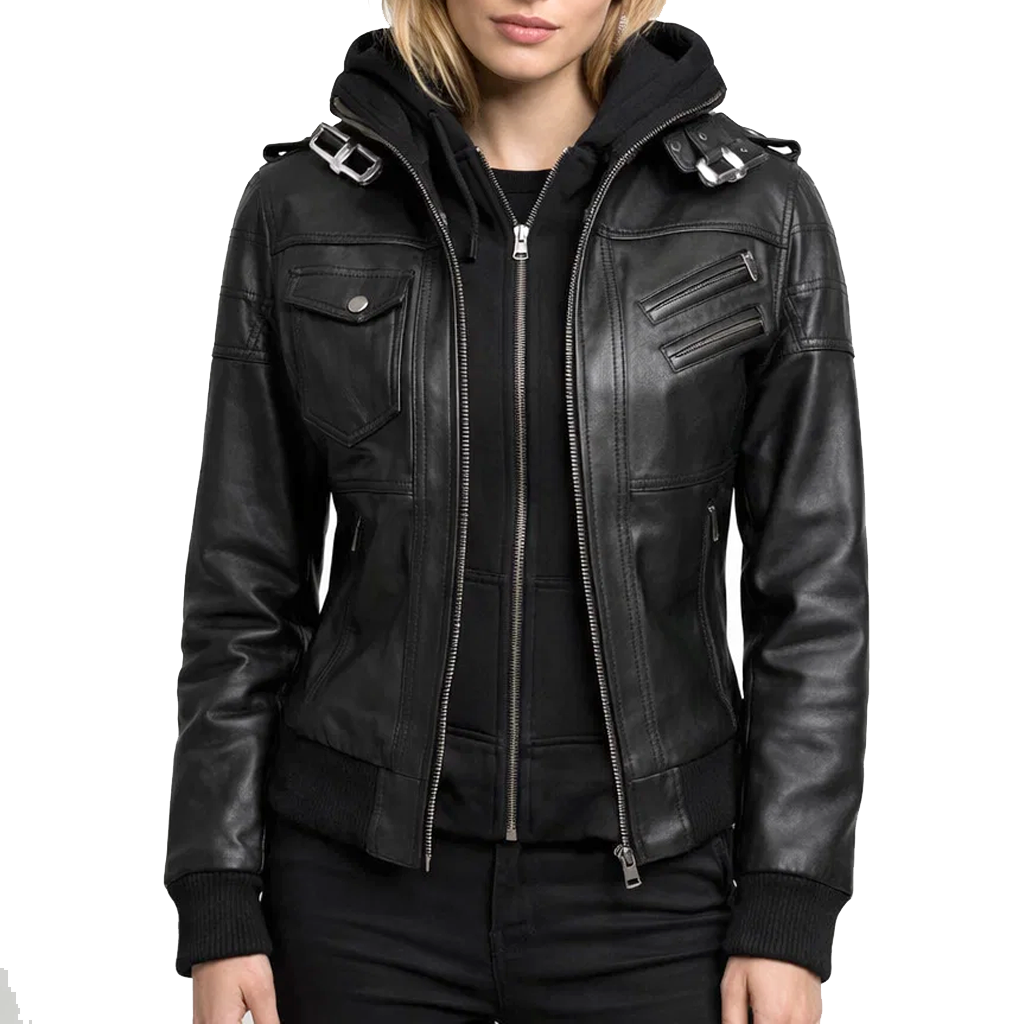Women Black Leather Hooded Jacket