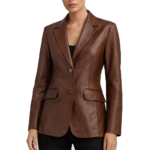 Women Two Button Brown Leather Blazer