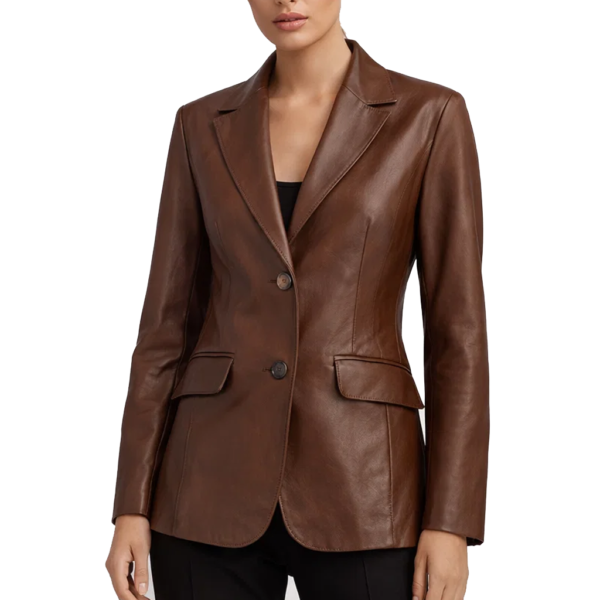 Women Two Button Brown Leather Blazer