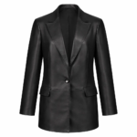 Women Single Button Black Leather Blazer