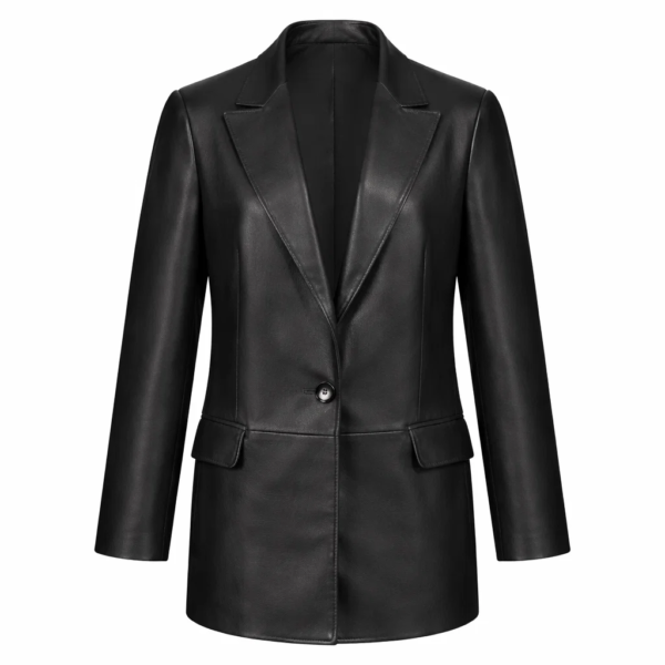 Women Single Button Black Leather Blazer