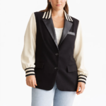 Women Black And White Varsity Blazer Jacket