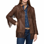 Women Classic Brown Leather Fringe Jacket