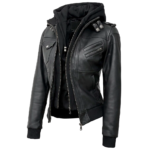 Women Black Leather Hooded Jacket