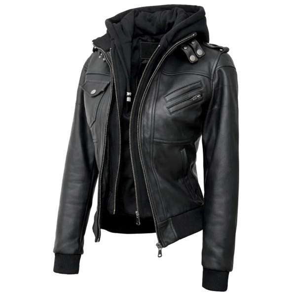 Women Black Leather Hooded Jacket