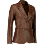 Women Two Button Brown Leather Blazer
