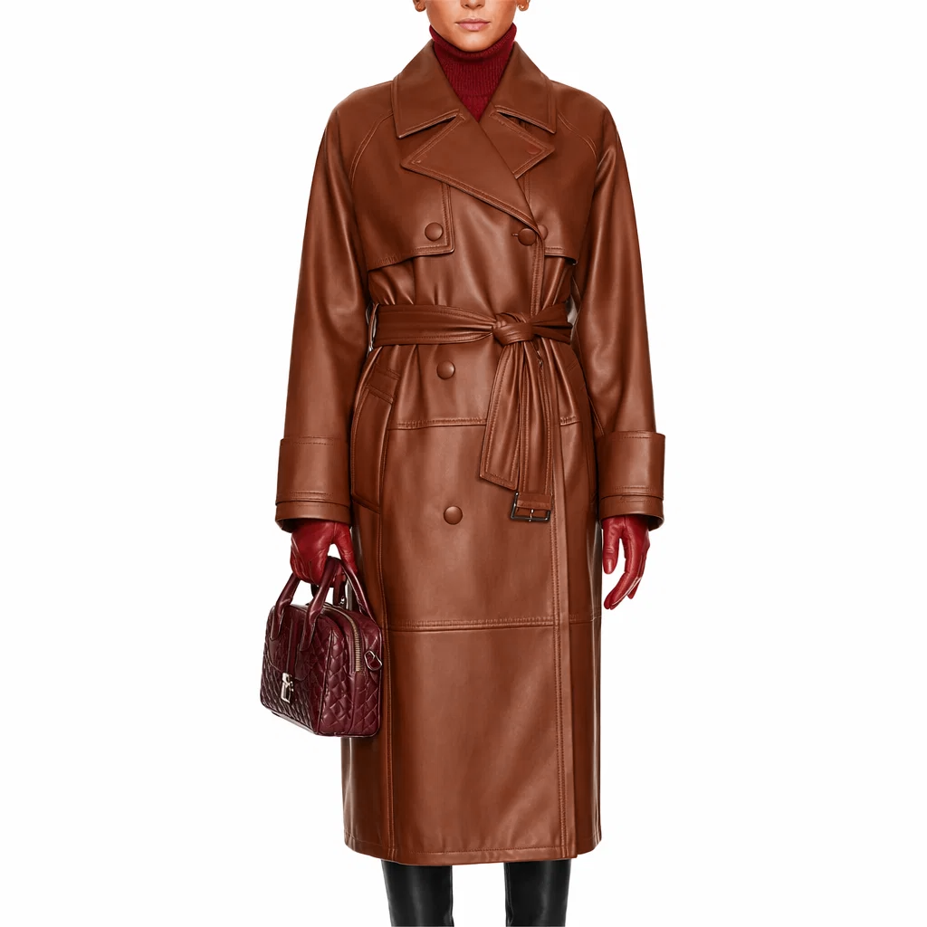 Women Simple Brown Leather Trench Coat