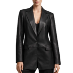 Women Single Button Black Leather Blazer