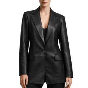 Women Single Button Black Leather Blazer