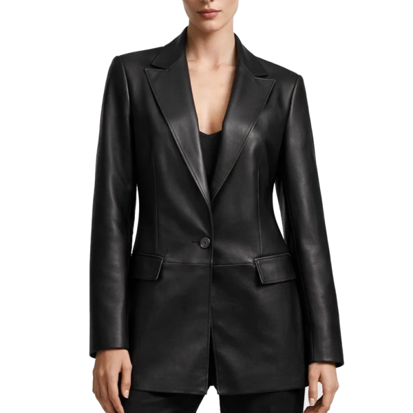 Women Single Button Black Leather Blazer