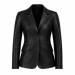 Women Simple Two Buttoned Black Leather Blazer