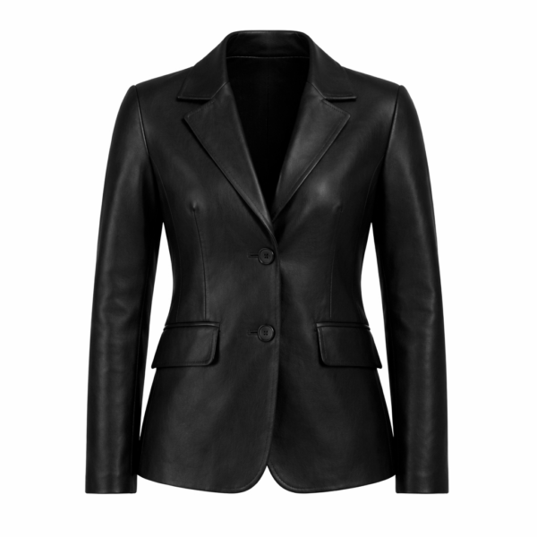 Women Simple Two Buttoned Black Leather Blazer