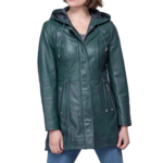 Women Navy Blue Leather Hooded Coat