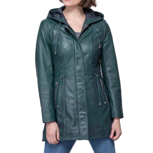 Women Navy Blue Leather Hooded Coat