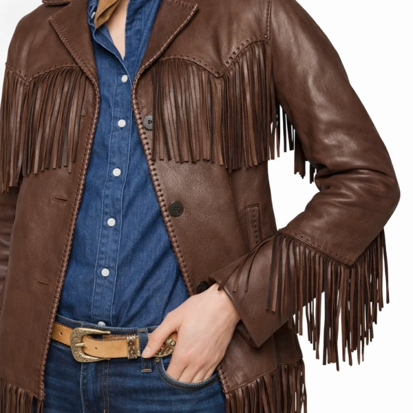 Women Classic Brown Leather Fringe Jacket