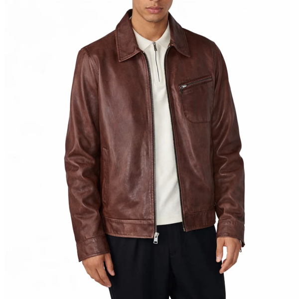 Plain Casual Brown Leather Jacket
