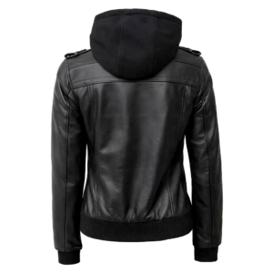 Women Black Leather Hooded Jacket model style