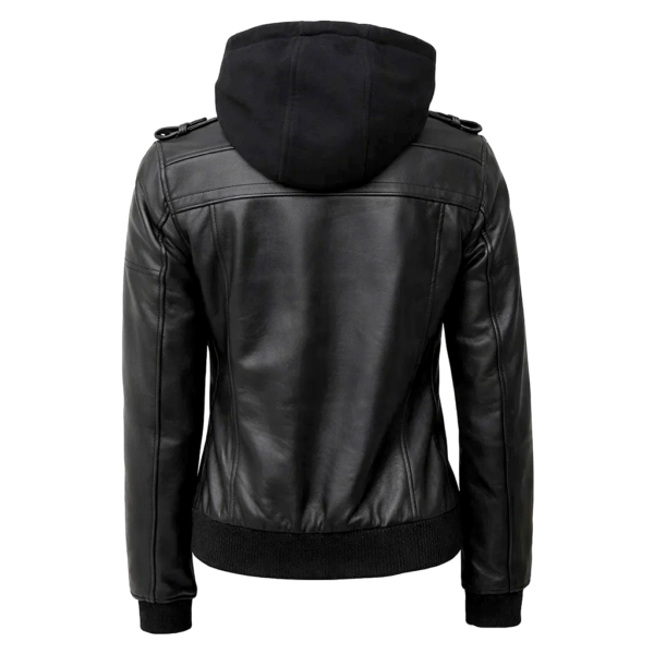 Women Black Leather Hooded Jacket