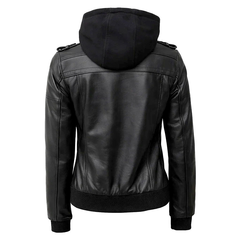 Women Black Leather Hooded Jacket model style
