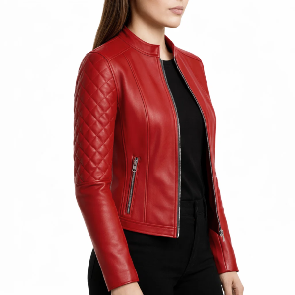 Women Quilted Red Leather Jacket