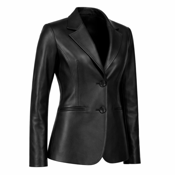Women Simple Two Buttoned Black Leather Blazer
