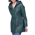 Women Navy Blue Leather Hooded Coat