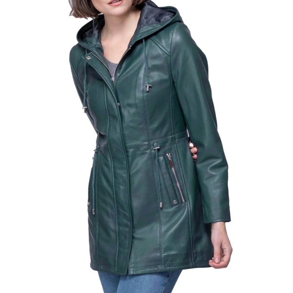 Women Navy Blue Leather Hooded Coat