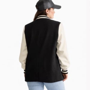 Women Black And White Varsity Blazer Jacket model style