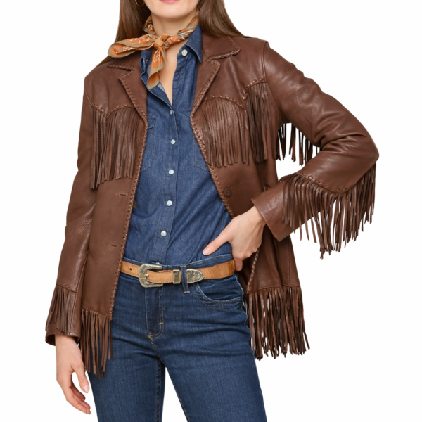 Women Classic Brown Leather Fringe Jacket