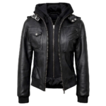 Women Black Leather Hooded Jacket