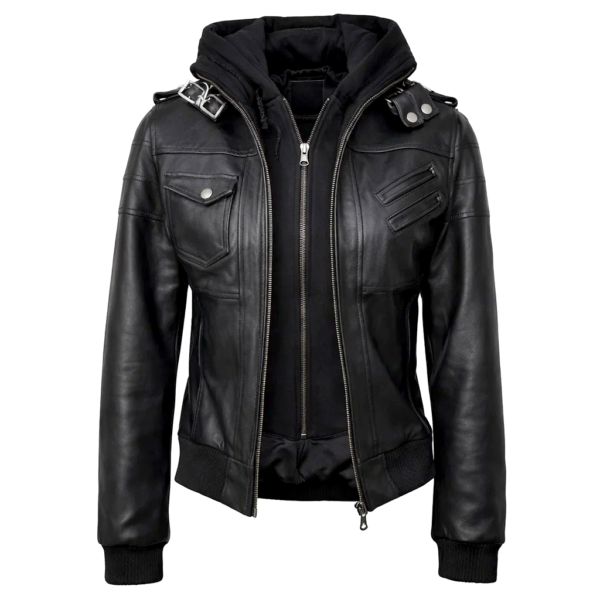 Women Black Leather Hooded Jacket