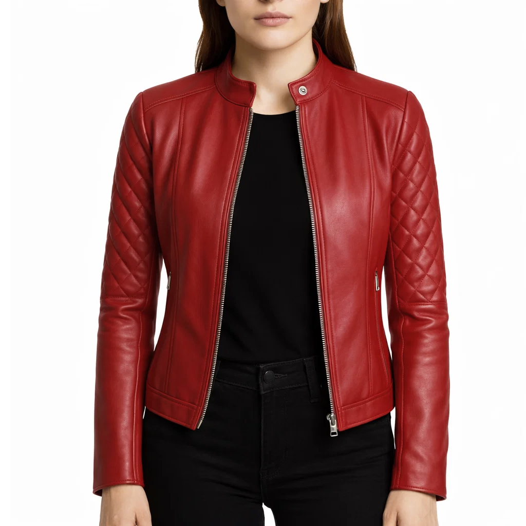 Women Quilted Red Leather Jacket