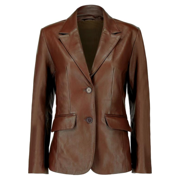 Women Two Button Brown Leather Blazer