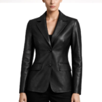 Women Simple Two Buttoned Black Leather Blazer