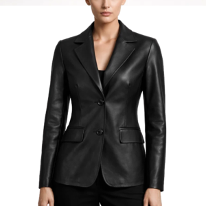 Women Simple Two Buttoned Black Leather Blazer