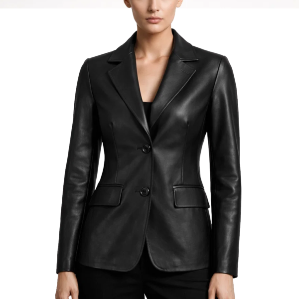 Women Simple Two Buttoned Black Leather Blazer