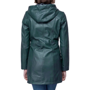 Women Navy Blue Leather Hooded Coat model style