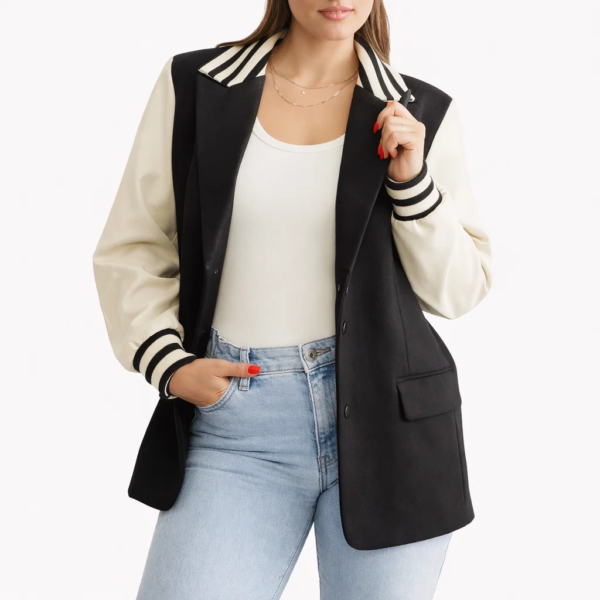 Women Black And White Varsity Blazer Jacket