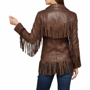 Women Classic Brown Leather Fringe Jacket model style